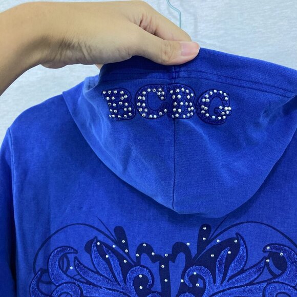 New BCBGMaxAzria Medium Blue Floral Beaded Hooded Y2K Full Zip Long Jacket - Picture 8 of 11